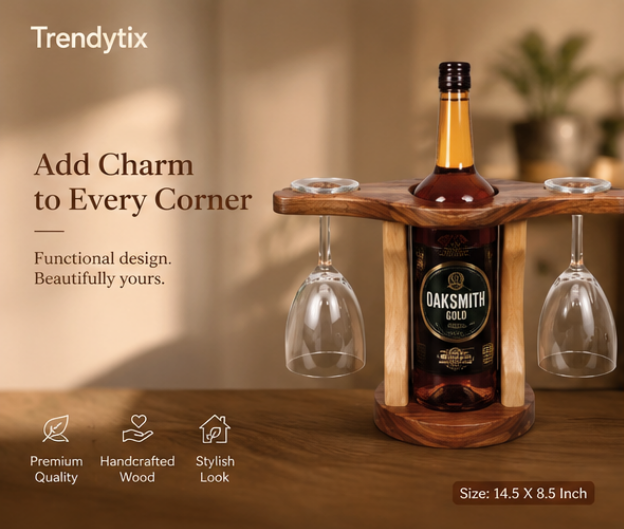 Trendytix Handcrafted Wooden Bottle & Glass Holder – 1 Bottle & 2 Glass Stand |