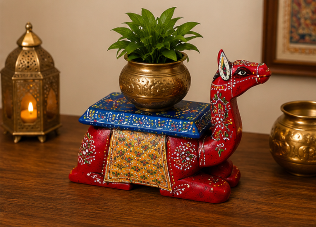 Trendytix Handcrafted Wooden Camel Bowl Stand – Red Folk Art Decorative Table
