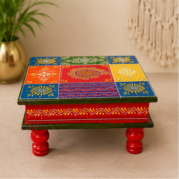 Handcrafted & Hand Painted Multicolour Folk Art Chowki