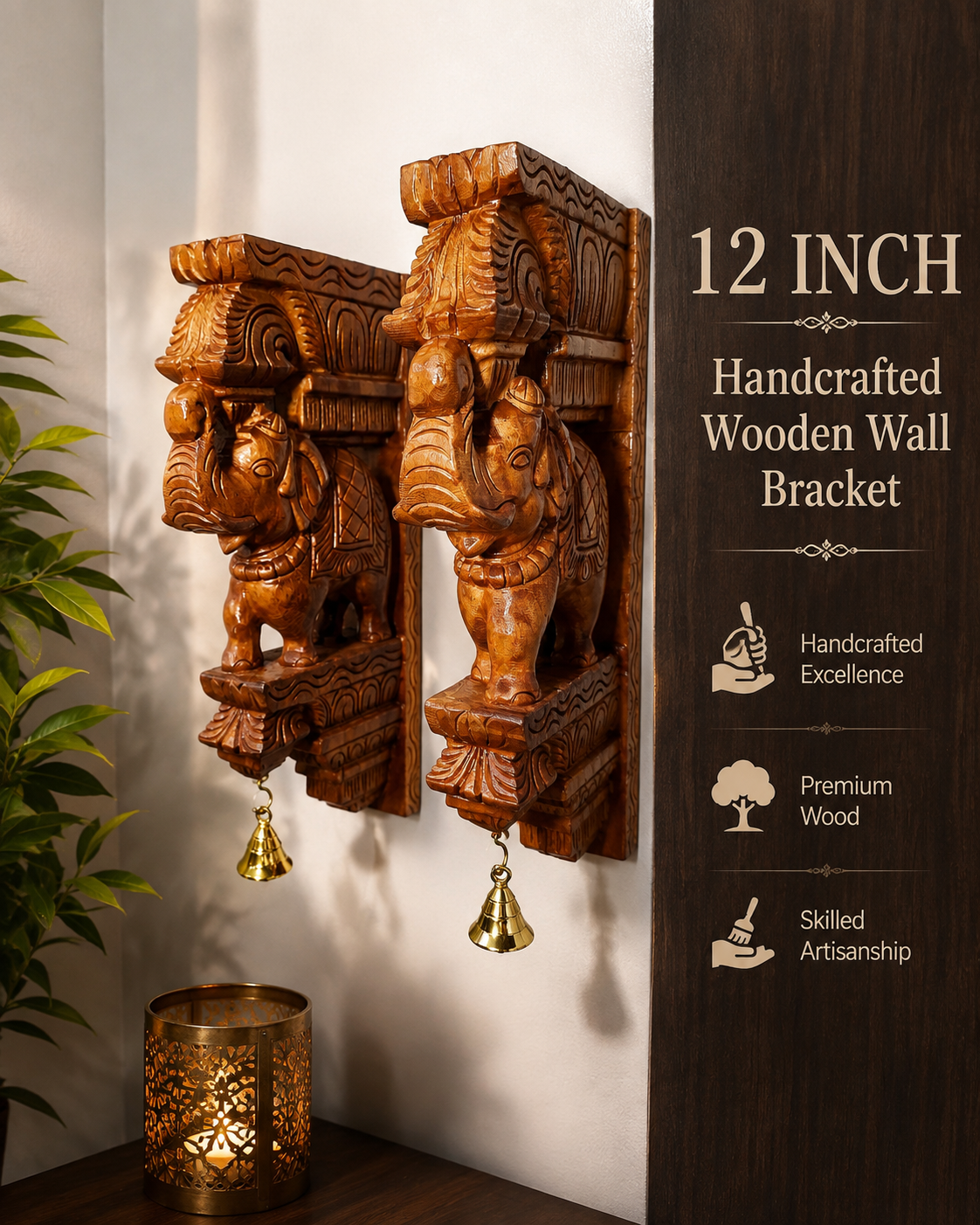 Trendytix Handcrafted Wooden Elephant Wall Bracket Pair with Brass Bells