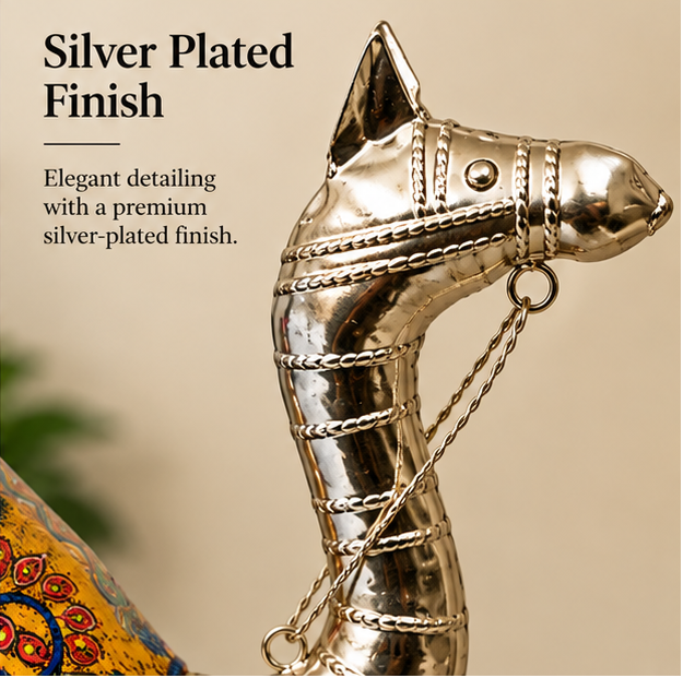 Handcrafted Camel Figurine with Silver-Plated Finish & Hanging Bells – 16 × 17 Inch yellow