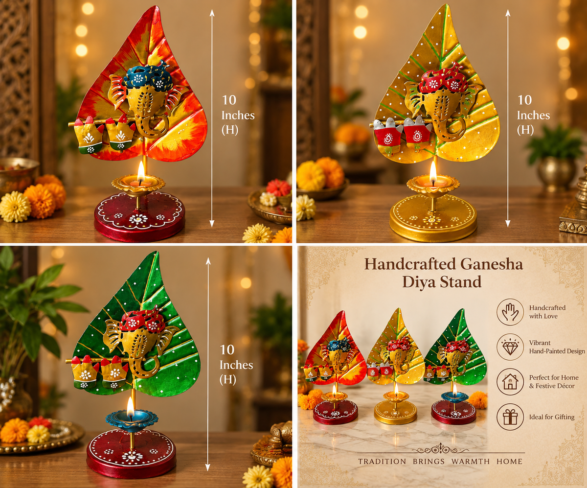 Handcrafted Leaf-Shaped Ganesha Diya Stand- 10 inch