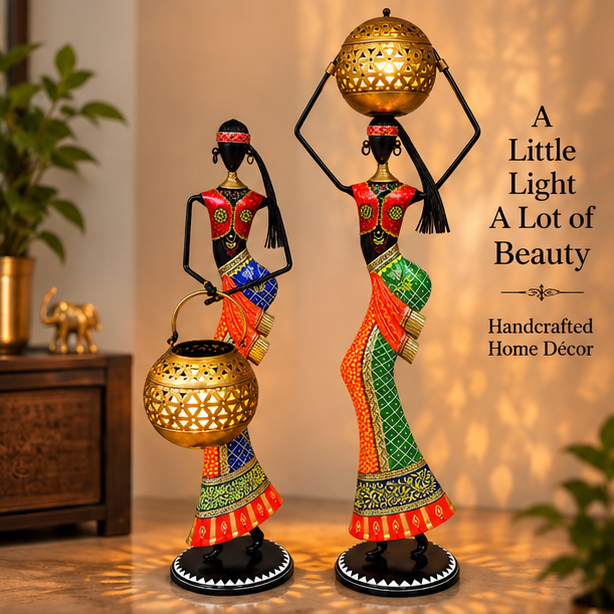 Handcrafted Tribal Lady Tea Light Holder Set of 2 – 32 Inch | Traditional Metal Decor