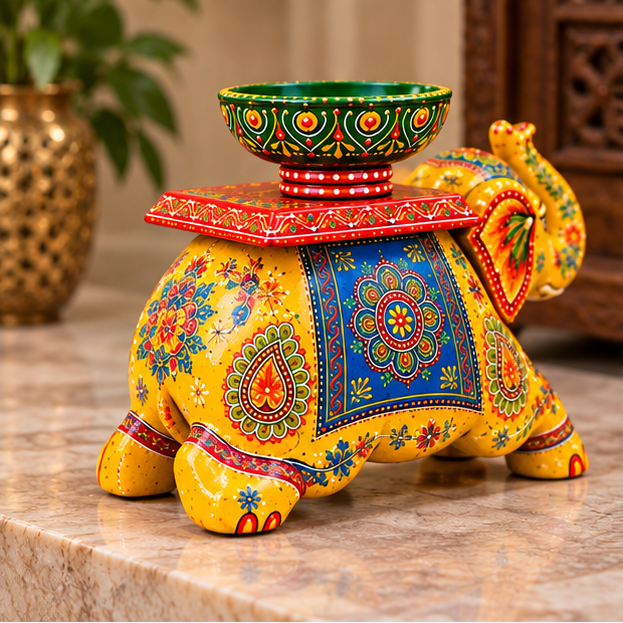 Handcrafted Hand-Painted Elephant Chowki with Decorative Bowl – Yellow Full Set