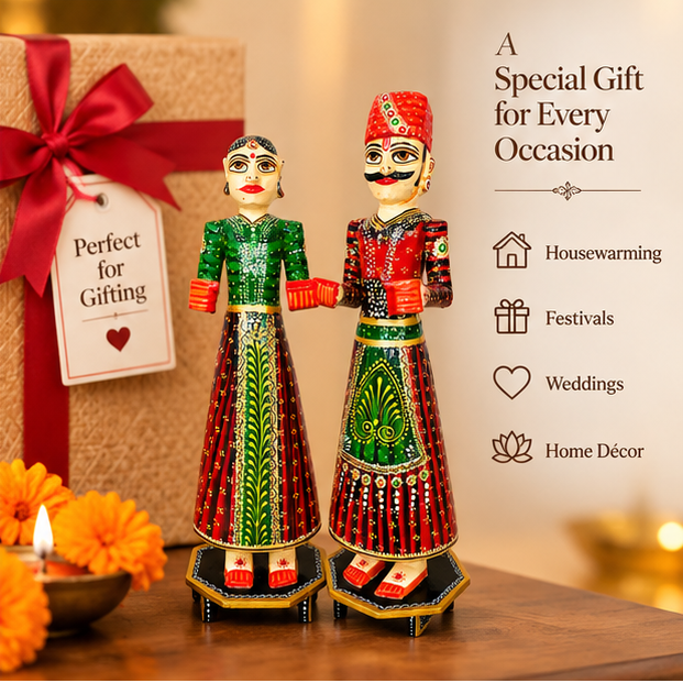 Handcrafted Rajasthani Wooden Couple Doll Set – Traditional Home Décor