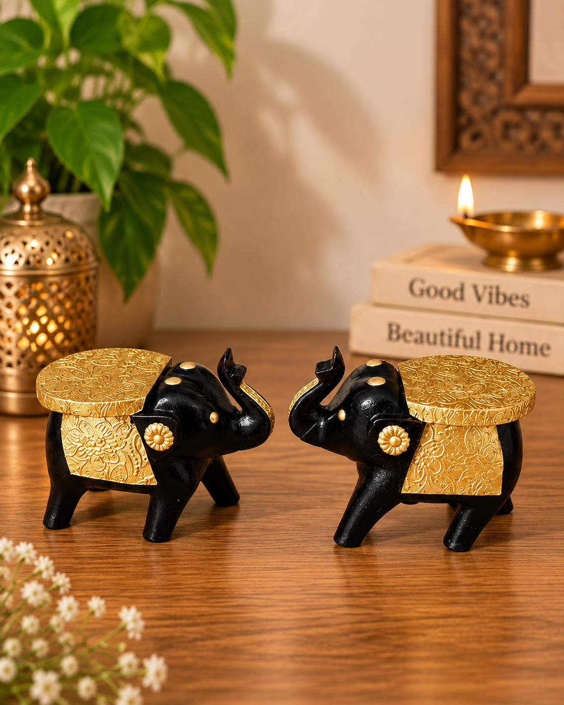 Handcrafted Black & Gold Elephant Wooden Stool Pair – Traditional Home Décor