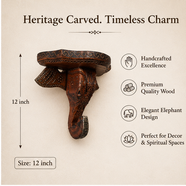 Royal Handcrafted Wooden Elephant Wall Bracket Shelf – Brown