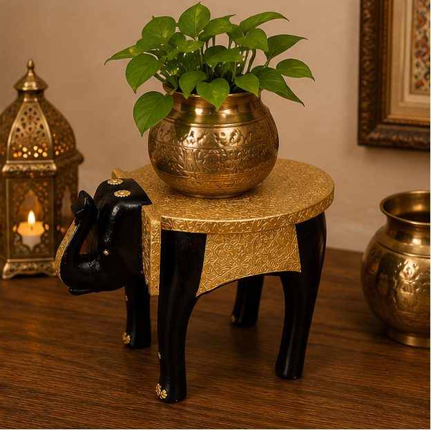 HandTrendytix Handcrafted Wooden Elephant Stool with Antique Gold Finish – Premium Decorative Side Stool