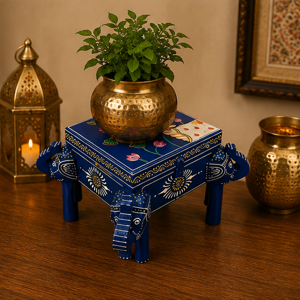 Trendytix Handcrafted & Hand-Painted Wooden Elephant Storage Box Chowki – Blue Lotus Design
