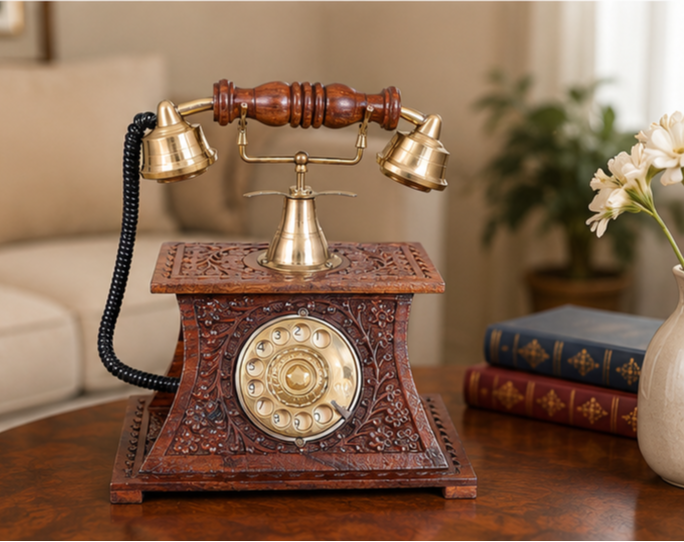 Heritage Handcrafted Carved Wooden Vintage Telephone