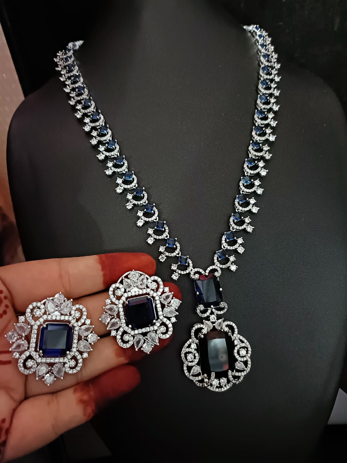 Neeta Ambani Inspired Long Premium Handcrafted American Diamond Necklace Set - Celebrity Style