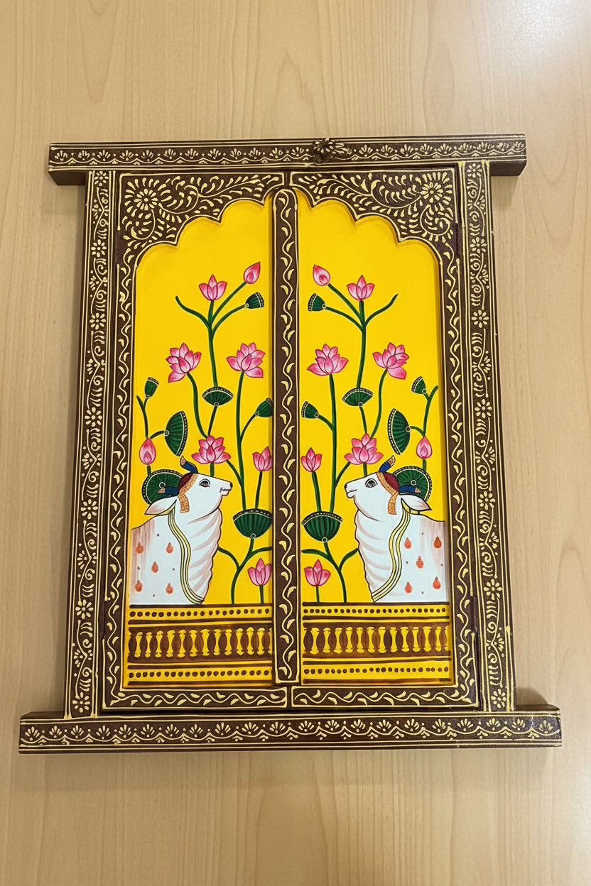 Handcrafted & Hand Painted Kamdhenu Lotus Hand-Painted Wall Panel