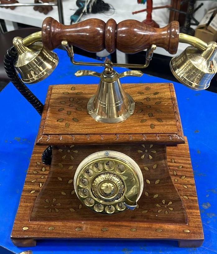 Royal Maharaja Handcrafted Wooden Vintage Telephone (Brass)