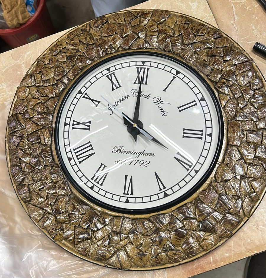 Stone Crest Nariyal & Wood Handcrafted Clock - Size - 16 Inch Gold Colour