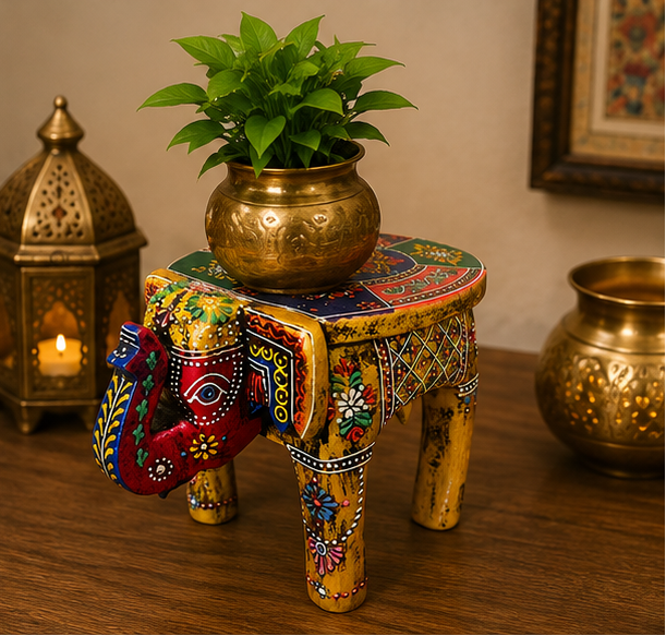 Trendytix Handcrafted & Hand-Painted Multicolor Wooden Elephant Stool – Traditional Folk Art Side Table