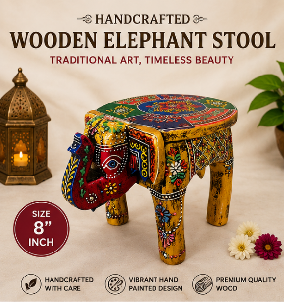 Trendytix Handcrafted & Hand-Painted Multicolor Wooden Elephant Stool – Traditional Folk Art Side Table
