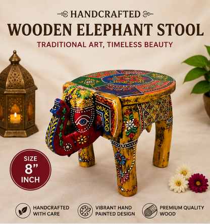 Trendytix Handcrafted & Hand-Painted Multicolor Wooden Elephant Stool – Traditional Folk Art Side Table
