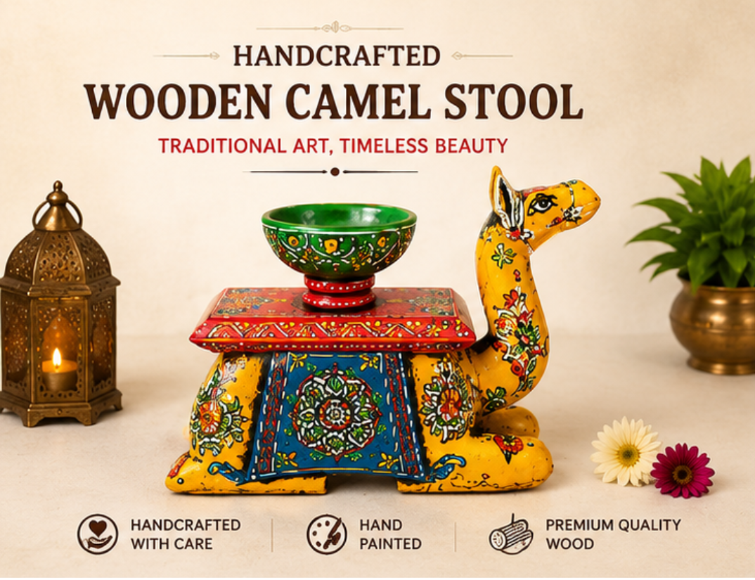Trendytix Handcrafted Wooden Camel Bowl Stand – Yellow Folk Art Decorative Table