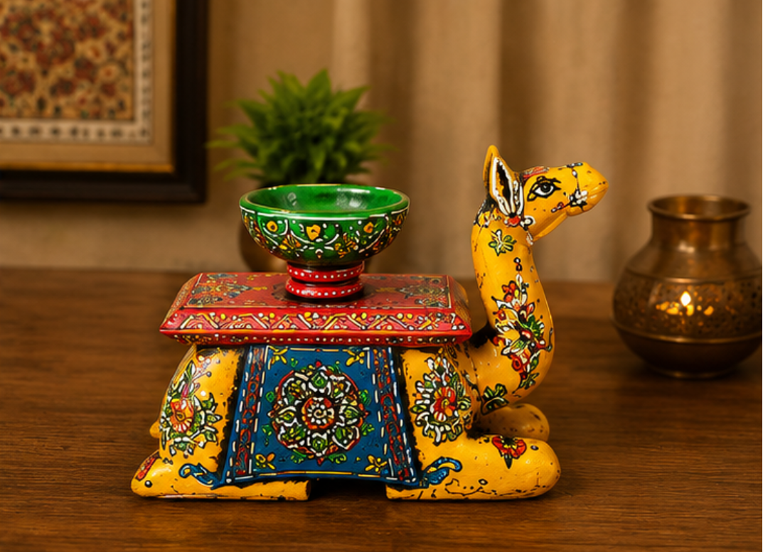 Trendytix Handcrafted Wooden Camel Bowl Stand – Yellow Folk Art Decorative Table