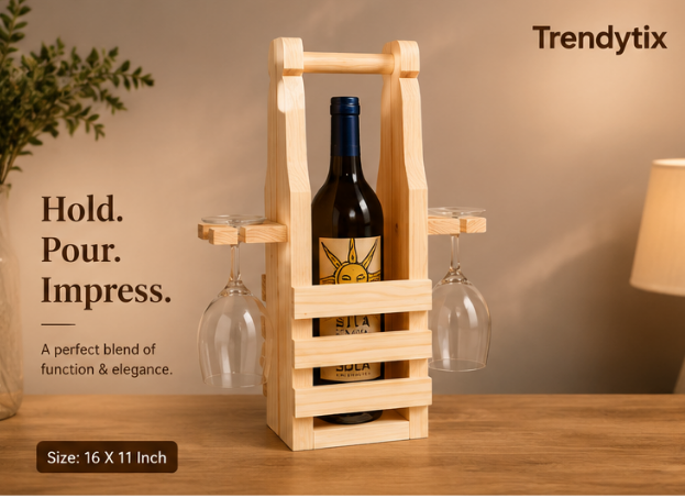 Trendytix Handcrafted Wooden Bottle & Glass Holder – 1 Bottle & 2 Glass Stand