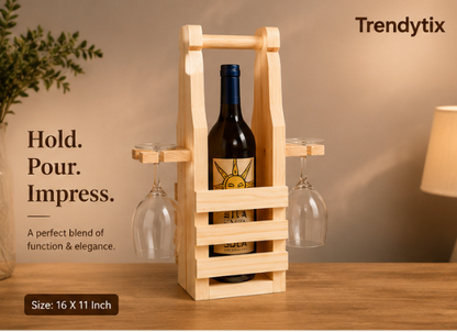 Trendytix Handcrafted Wooden Bottle & Glass Holder – 1 Bottle & 2 Glass Stand