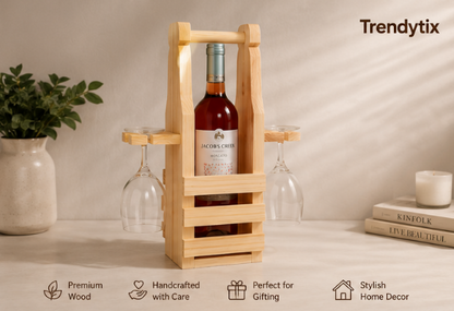 Trendytix Handcrafted Wooden Bottle & Glass Holder – 1 Bottle & 2 Glass Stand