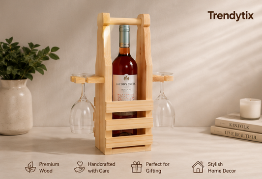 Trendytix Handcrafted Wooden Bottle & Glass Holder – 1 Bottle & 2 Glass Stand