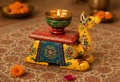 Trendytix Handcrafted Wooden Camel Bowl Stand – Yellow Folk Art Decorative Table