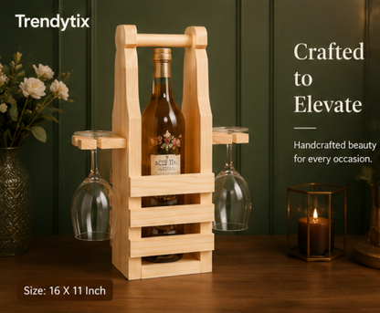 Trendytix Handcrafted Wooden Bottle & Glass Holder – 1 Bottle & 2 Glass Stand