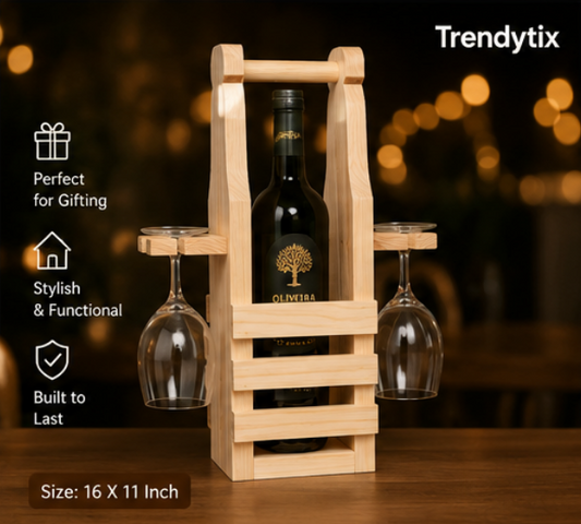 Trendytix Handcrafted Wooden Bottle & Glass Holder – 1 Bottle & 2 Glass Stand