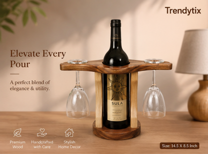 Trendytix Handcrafted Wooden Bottle & Glass Holder – 1 Bottle & 2 Glass Stand |