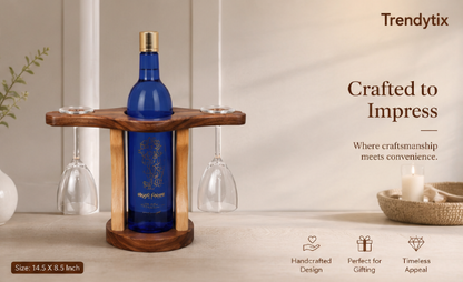 Trendytix Handcrafted Wooden Bottle & Glass Holder – 1 Bottle & 2 Glass Stand |