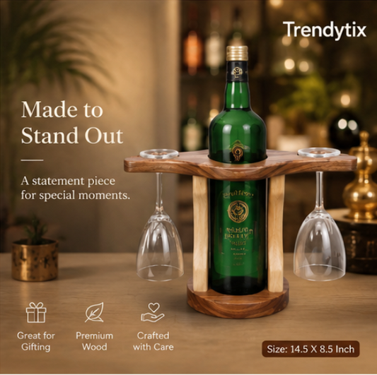 Trendytix Handcrafted Wooden Bottle & Glass Holder – 1 Bottle & 2 Glass Stand |