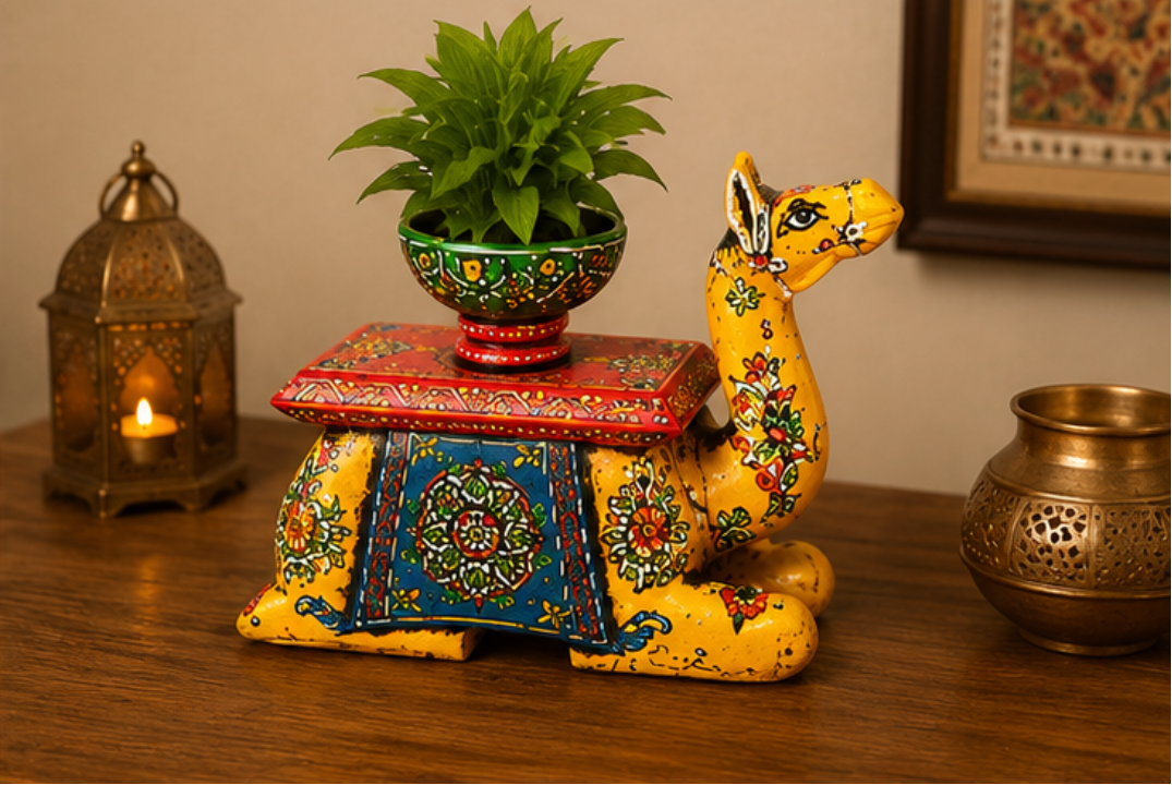 Trendytix Handcrafted Wooden Camel Bowl Stand – Yellow Folk Art Decorative Table