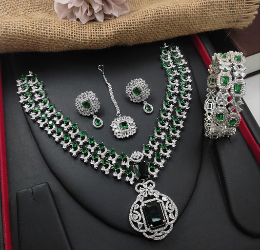 Veshakart Premium Handcrafted American Diamond Necklace Set including Maang Tikka  With Matching Bangles