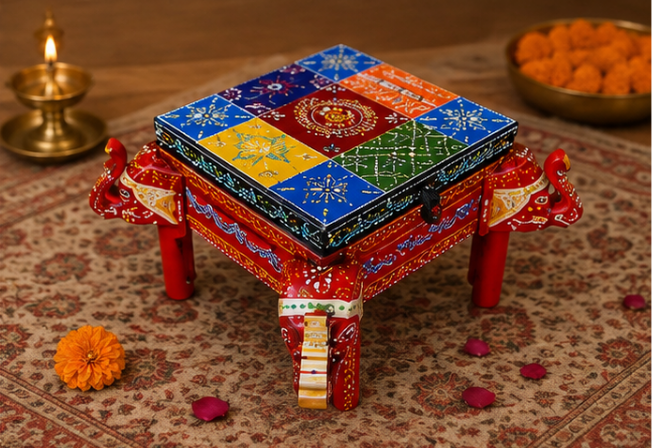 Handcrafted & Hand Painted Wooden Elephant Chowki with Multistorage Box– 11 Inch