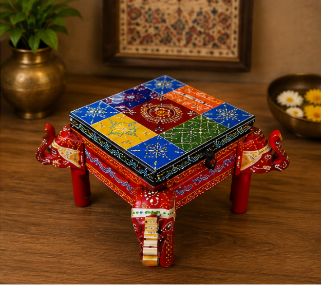 Handcrafted & Hand Painted Wooden Elephant Chowki with Multistorage Box– 11 Inch