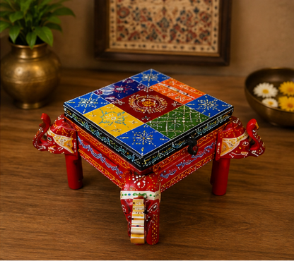 Handcrafted & Hand Painted Wooden Elephant Chowki with Multistorage Box– 11 Inch