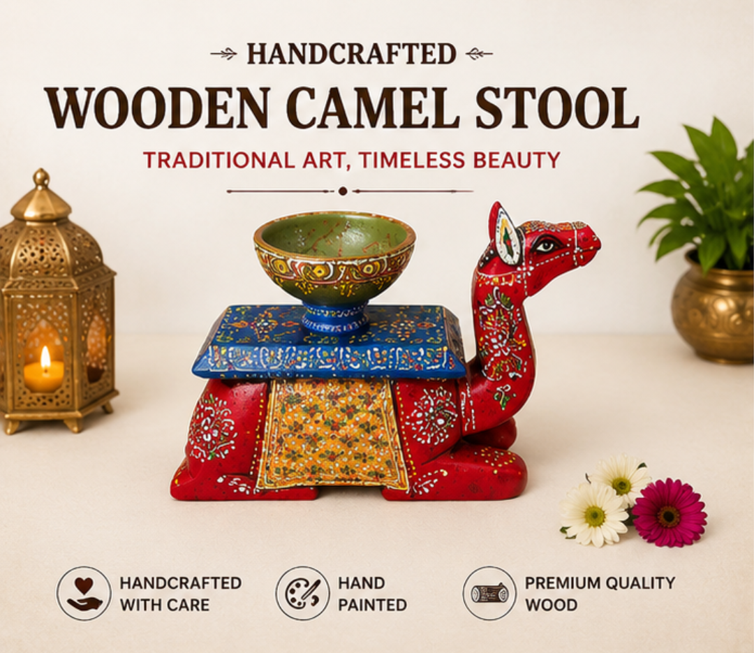 Trendytix Handcrafted Wooden Camel Bowl Stand – Red Folk Art Decorative Table