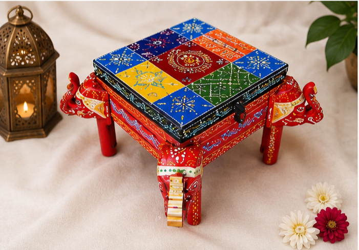 Handcrafted & Hand Painted Wooden Elephant Chowki with Multistorage Box– 11 Inch