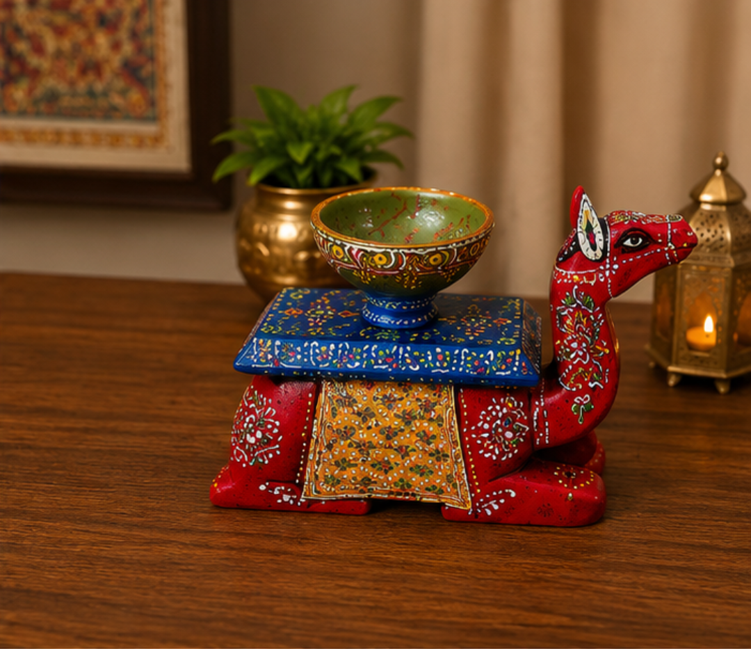 Trendytix Handcrafted Wooden Camel Bowl Stand – Red Folk Art Decorative Table
