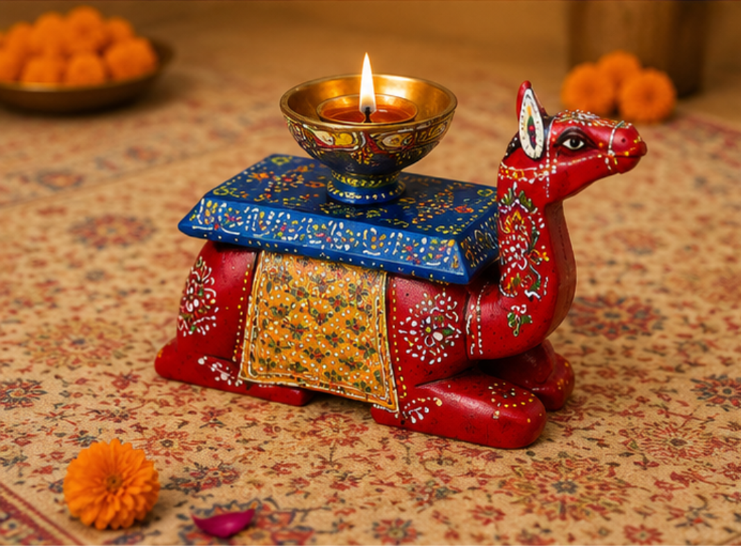 Trendytix Handcrafted Wooden Camel Bowl Stand – Red Folk Art Decorative Table