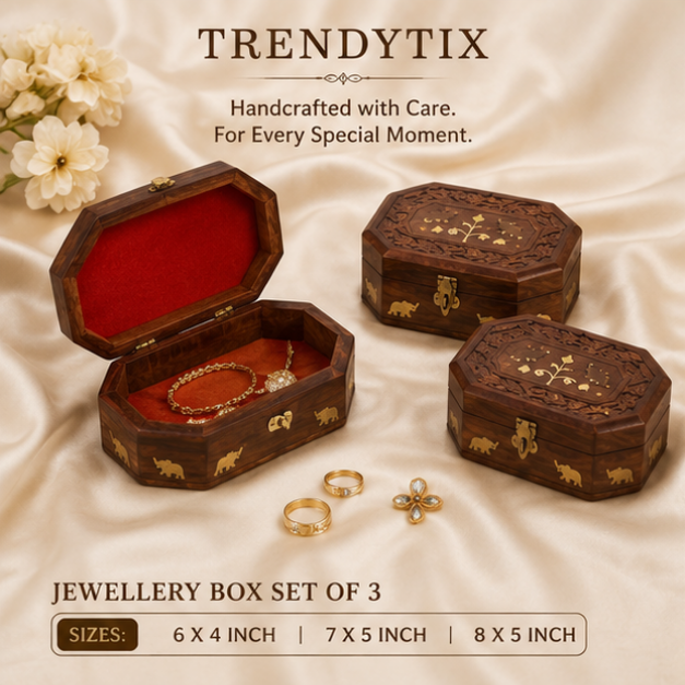 Octagonal Royal Elephant Inlay Wooden Jewellery Box Set of 3 - Handcrafted