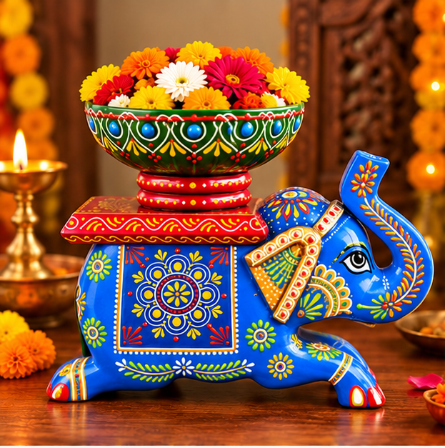 Handcrafted Hand-Painted Elephant Chowki with Decorative Bowl & Diya Holder– Blue Full Set