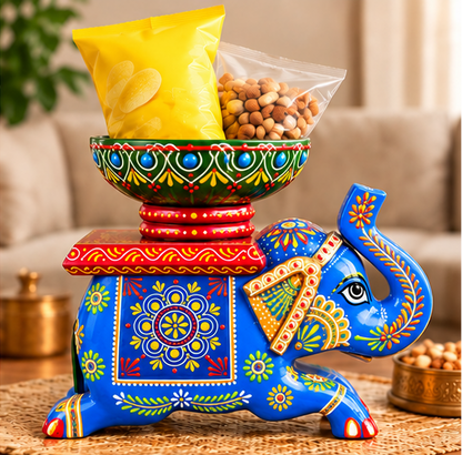 Handcrafted Hand-Painted Elephant Chowki with Decorative Bowl & Diya Holder– Blue Full Set