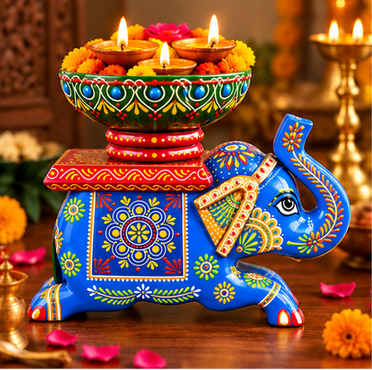 Handcrafted Hand-Painted Elephant Chowki with Decorative Bowl & Diya Holder– Blue Full Set