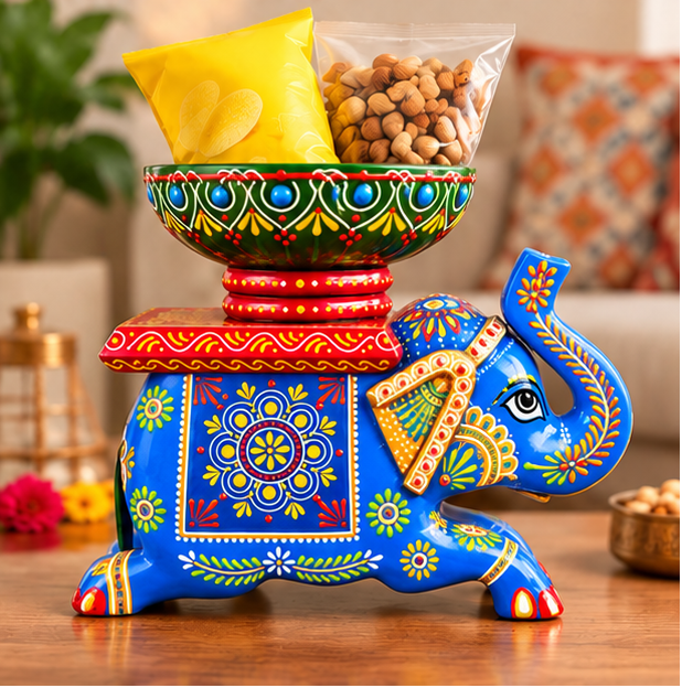 Handcrafted Hand-Painted Elephant Chowki with Decorative Bowl & Diya Holder– Blue Full Set