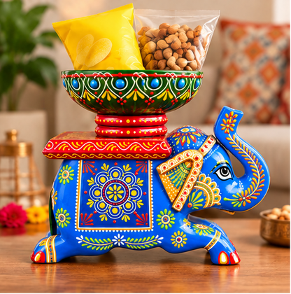 Handcrafted Hand-Painted Elephant Chowki with Decorative Bowl & Diya Holder– Blue Full Set