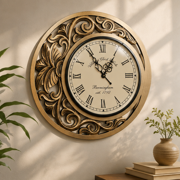 Regal Bloom Filigree Teak Wood Wooden Handcrafted Wall Clock