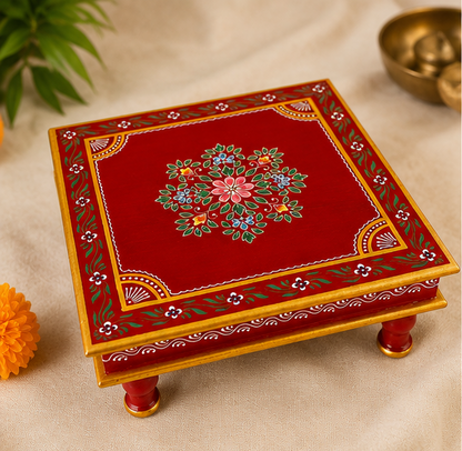 Handcrafted & Hand Painted Wooden Rajasthani Red Floral Chowki